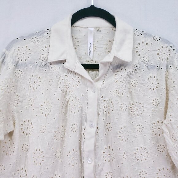 NY Collection Cream Lace Floral Collar Button Down Preppy Top Size M - Picture 2 of 13